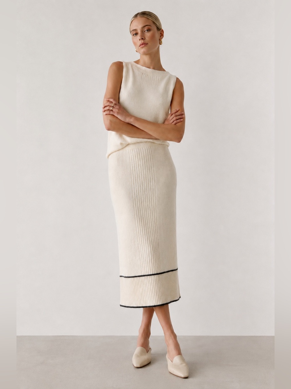 Erez | Rare Angora Lambswool Cream Ribbed Knit Midi Skirt Size M